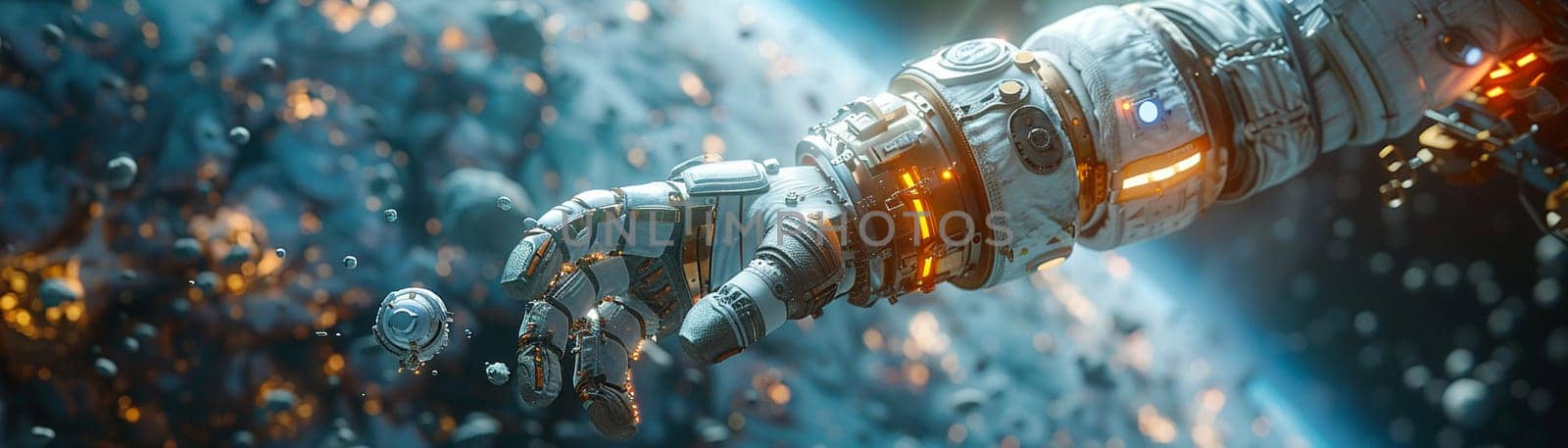 Astronaut's hand reaching for a floating satellite, rendered in a realistic style with attention to detail.