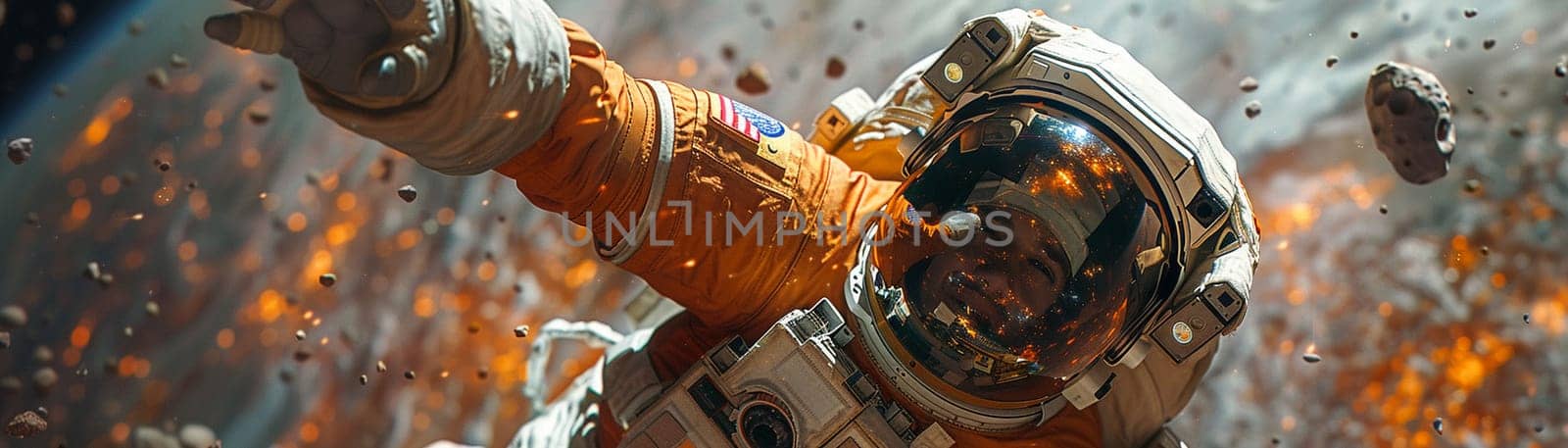 Astronaut's hand reaching for a floating satellite, rendered in a realistic style with attention to detail.