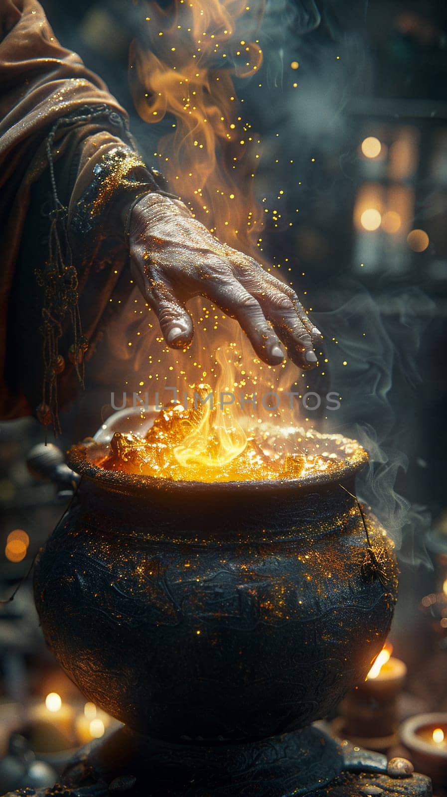 Witch's hands over a bubbling cauldron, illustrated with magical effects and a spooky ambiance.