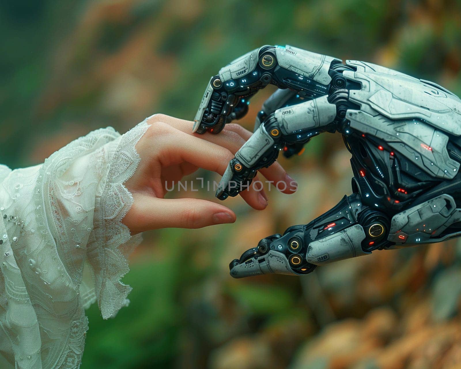 Gentle touch between human and android, a moment of connection in a tech-woven world.