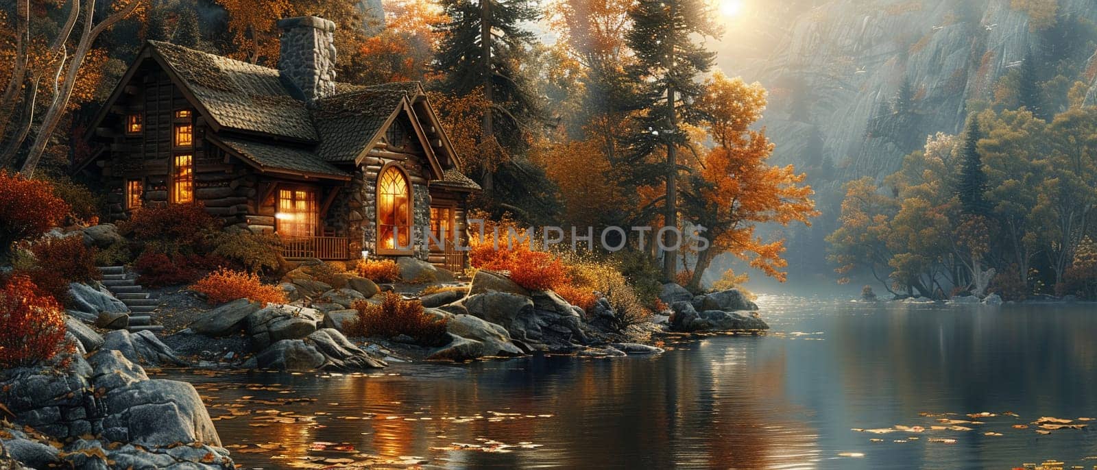 Rustic cabin in the woods depicted with a Thomas Kincade-like focus on light and idyllic settings. by Benzoix