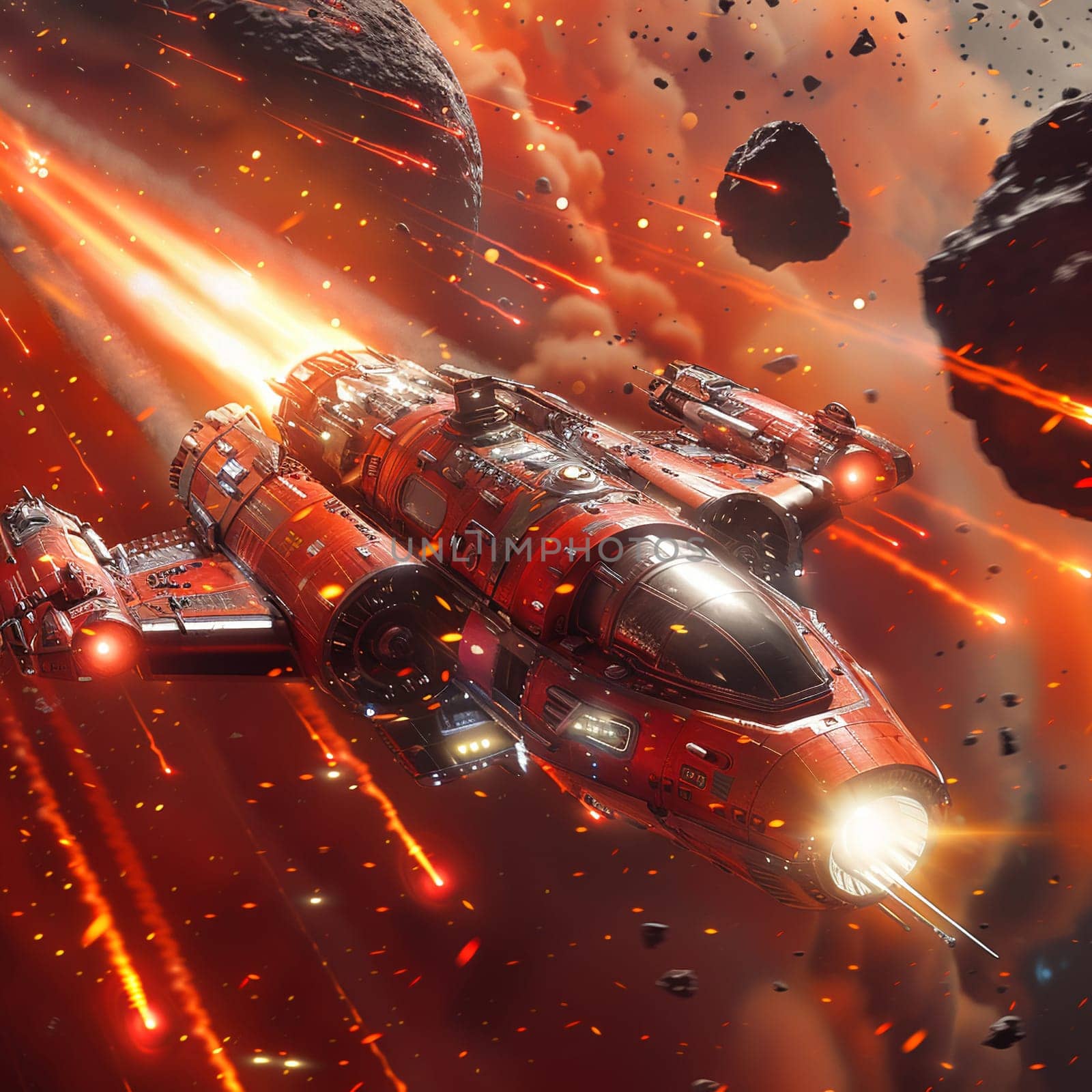 Spaceship hurtling through an asteroid belt, depicted in a thrilling 3D style with dynamic lighting.