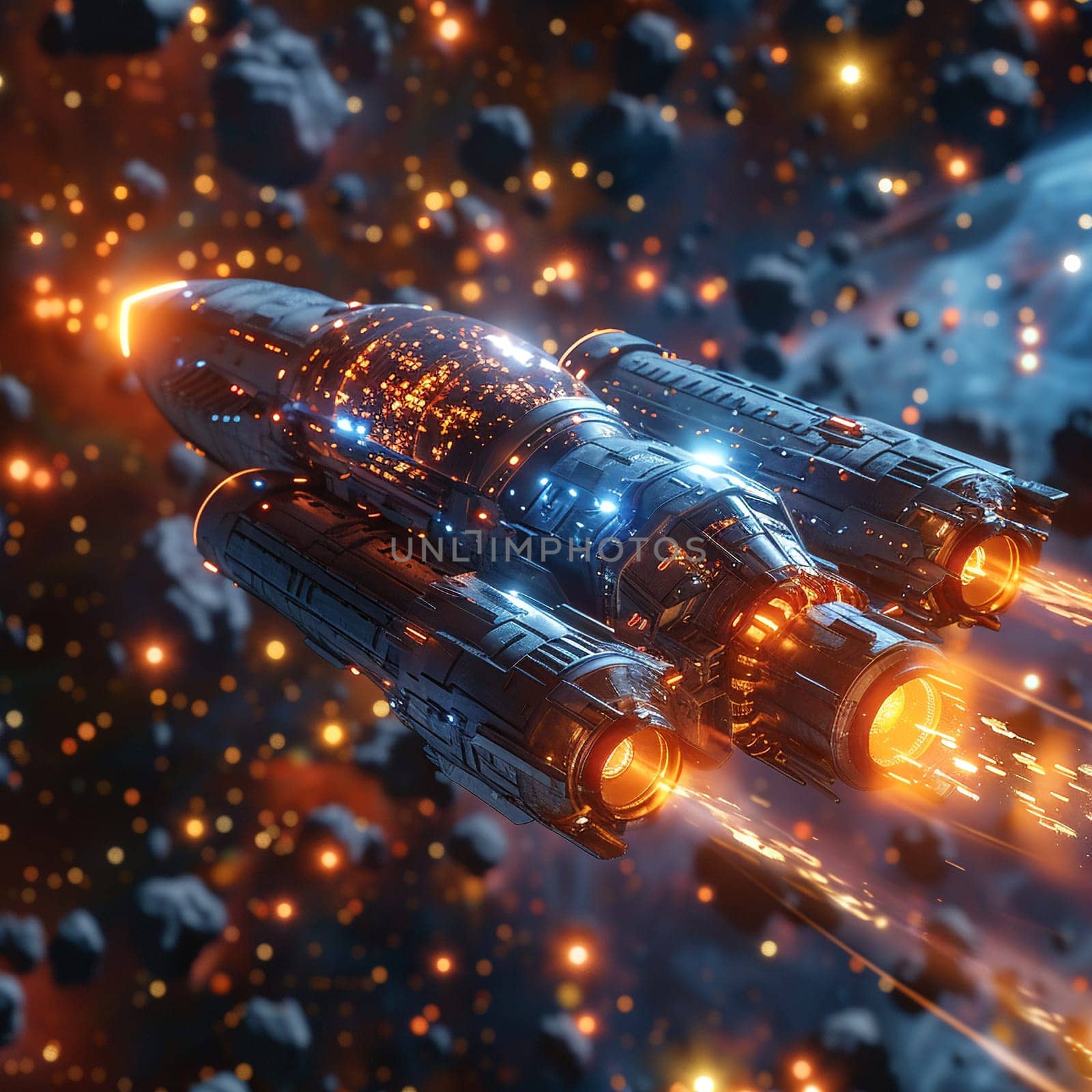 Spaceship hurtling through an asteroid belt, depicted in a thrilling 3D style with dynamic lighting.