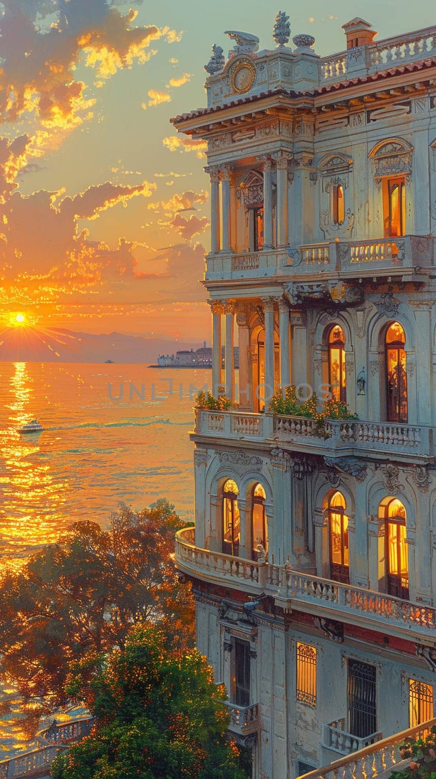 Golden hour's soft light against old-world architecture, painted with a gentle realism and attention to detail.