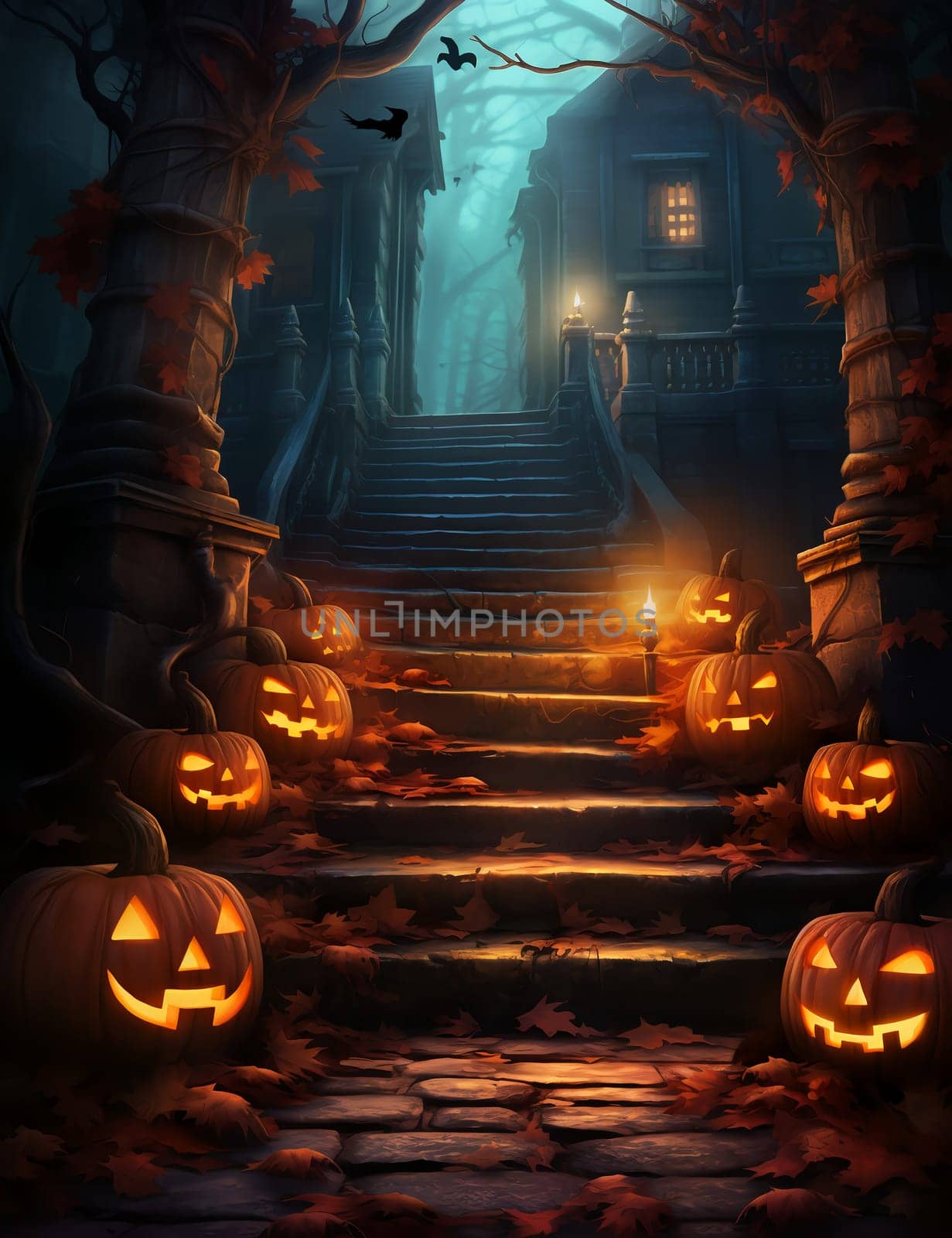 Spooky Halloween illustration, with a creepy house and pumpkins on the steps. by AndreyKENO