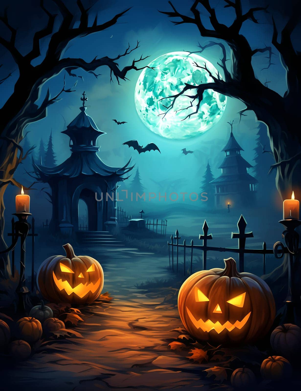 Spooky Halloween illustration, with a creepy house and pumpkins on the steps. by AndreyKENO