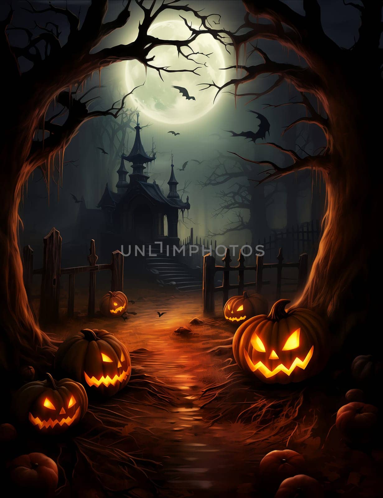 Spooky Halloween illustration, with a creepy house and pumpkins on the steps. by AndreyKENO