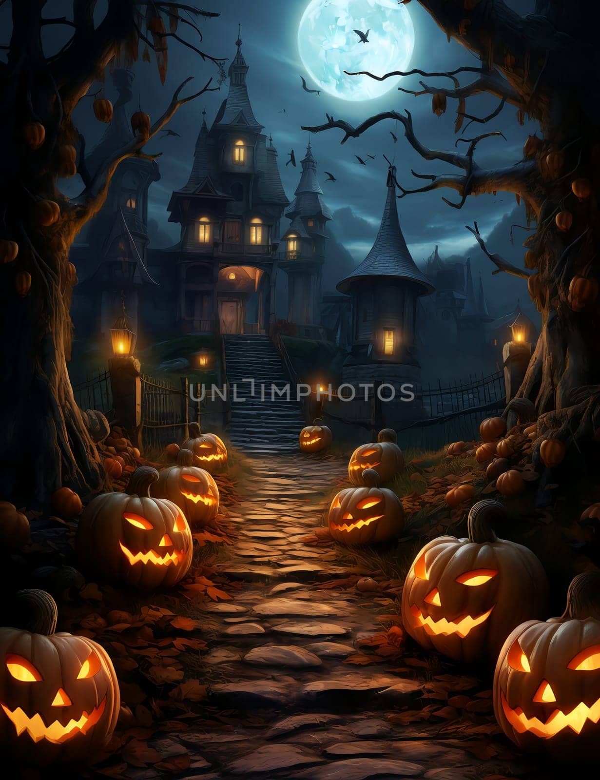 Spooky Halloween illustration, with a creepy house and pumpkins on the steps. by AndreyKENO