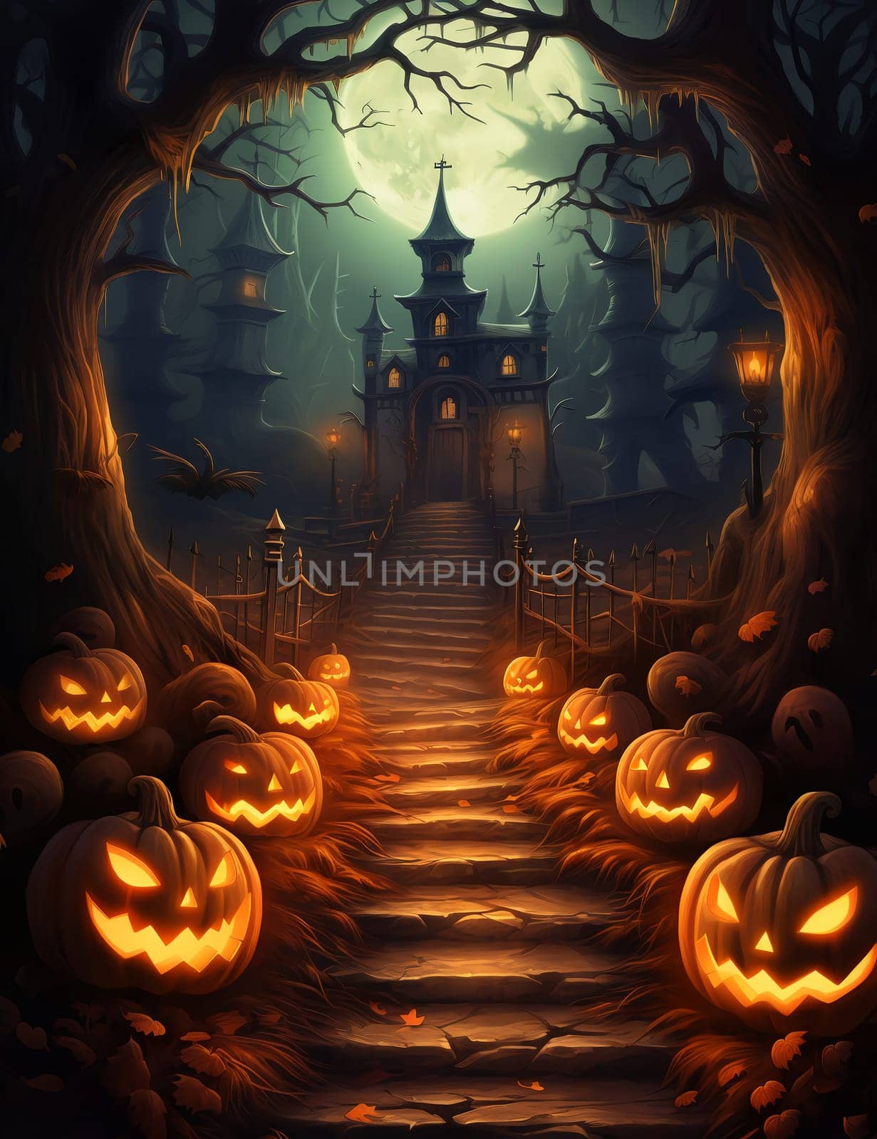 Spooky Halloween illustration, with a creepy house and pumpkins on the steps. AI generated