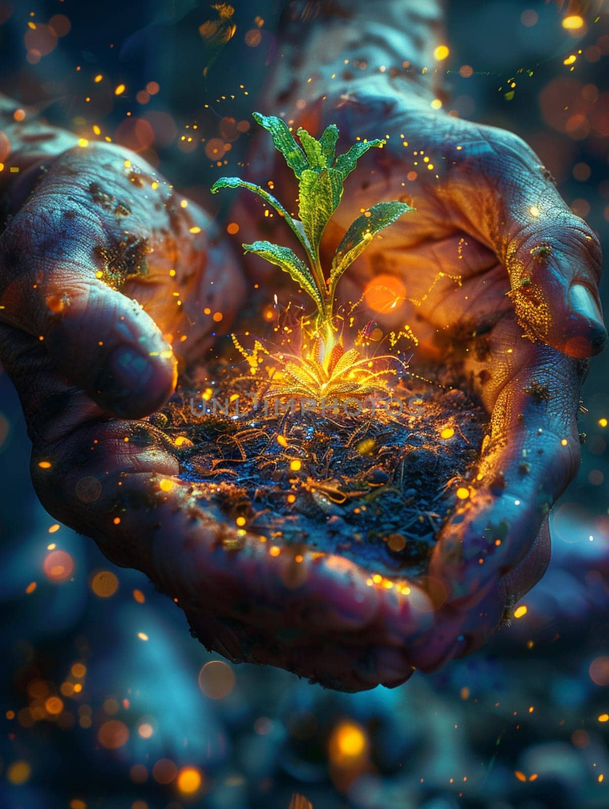 Hands planting a magical seed that glows with life, illustrated in a vibrant digital painting.