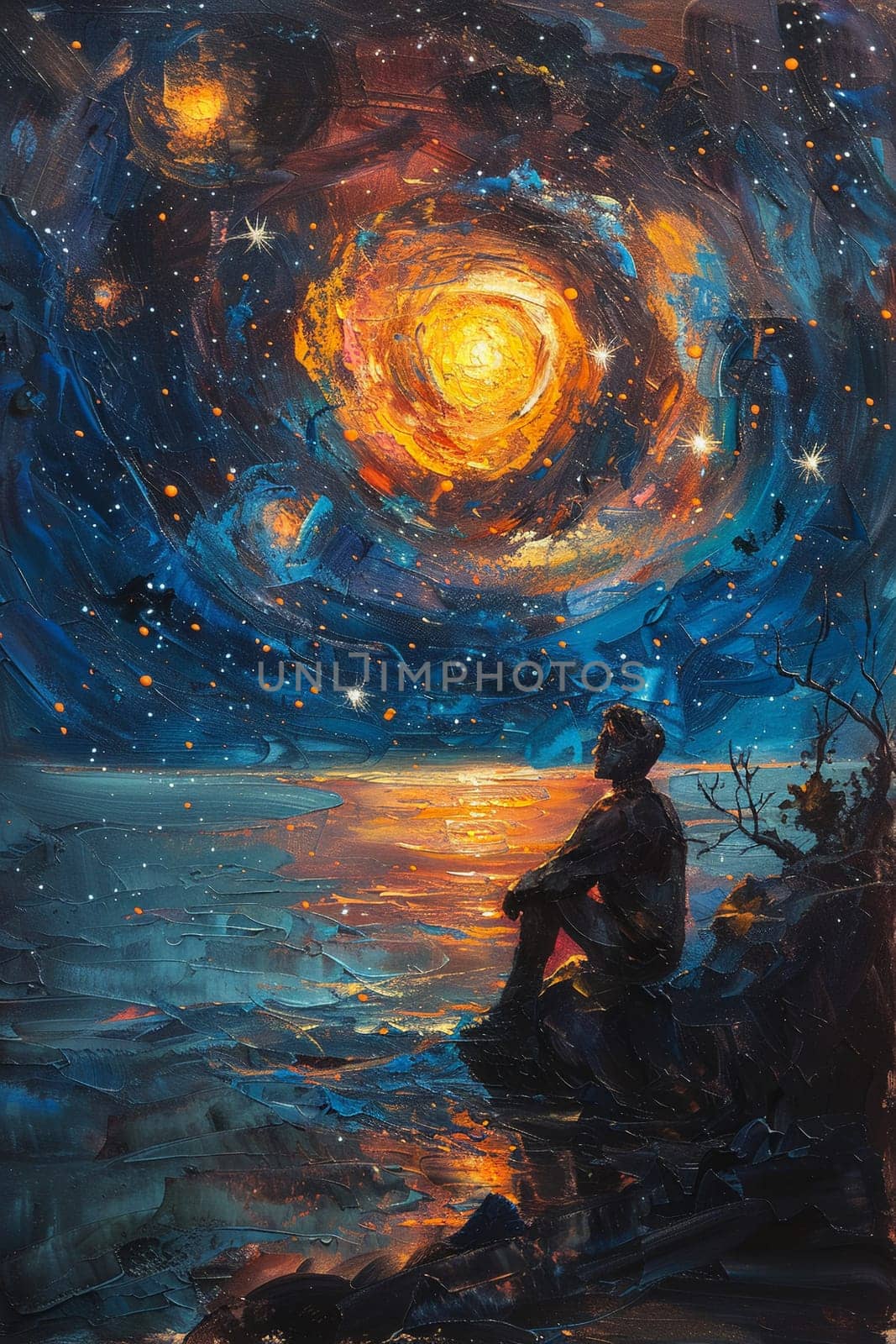 Starlit sky over a contemplative figure, painted in a Van Gogh-inspired swirling star pattern.