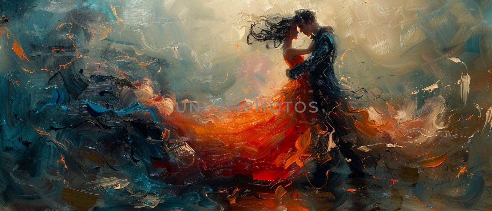 Elegant ballroom dance captured in mid-twirl, painted with flowing dresses and the grace of movement.