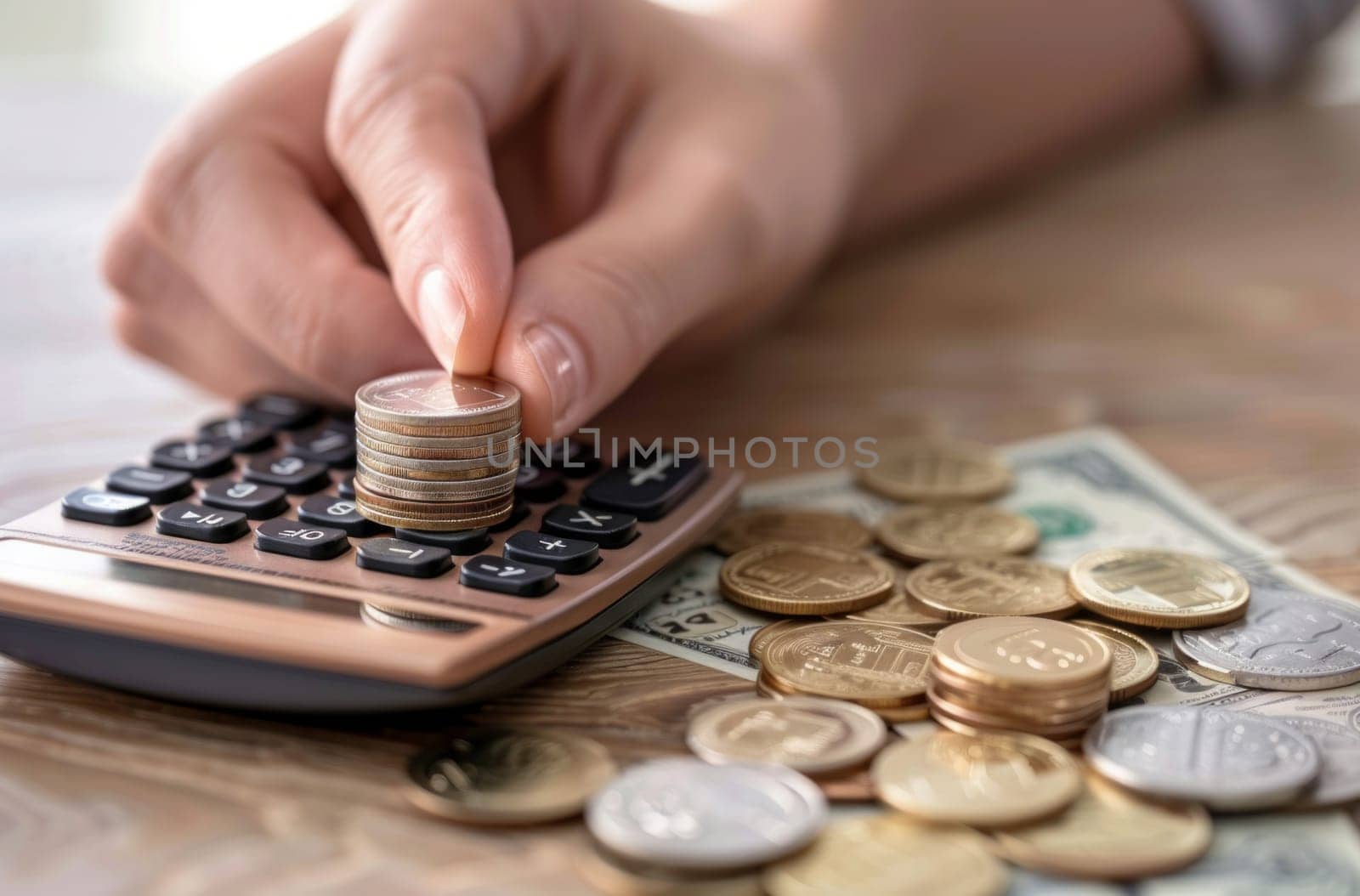 Hands holding a stack of coins in a calculator. Coins around the table for a concept of savings and budget calculation by papatonic