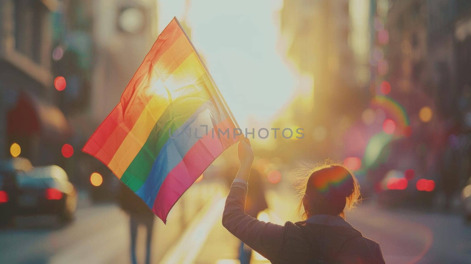 Rear view of lesbian girl waving a rainbow flag in a street at sunset.
