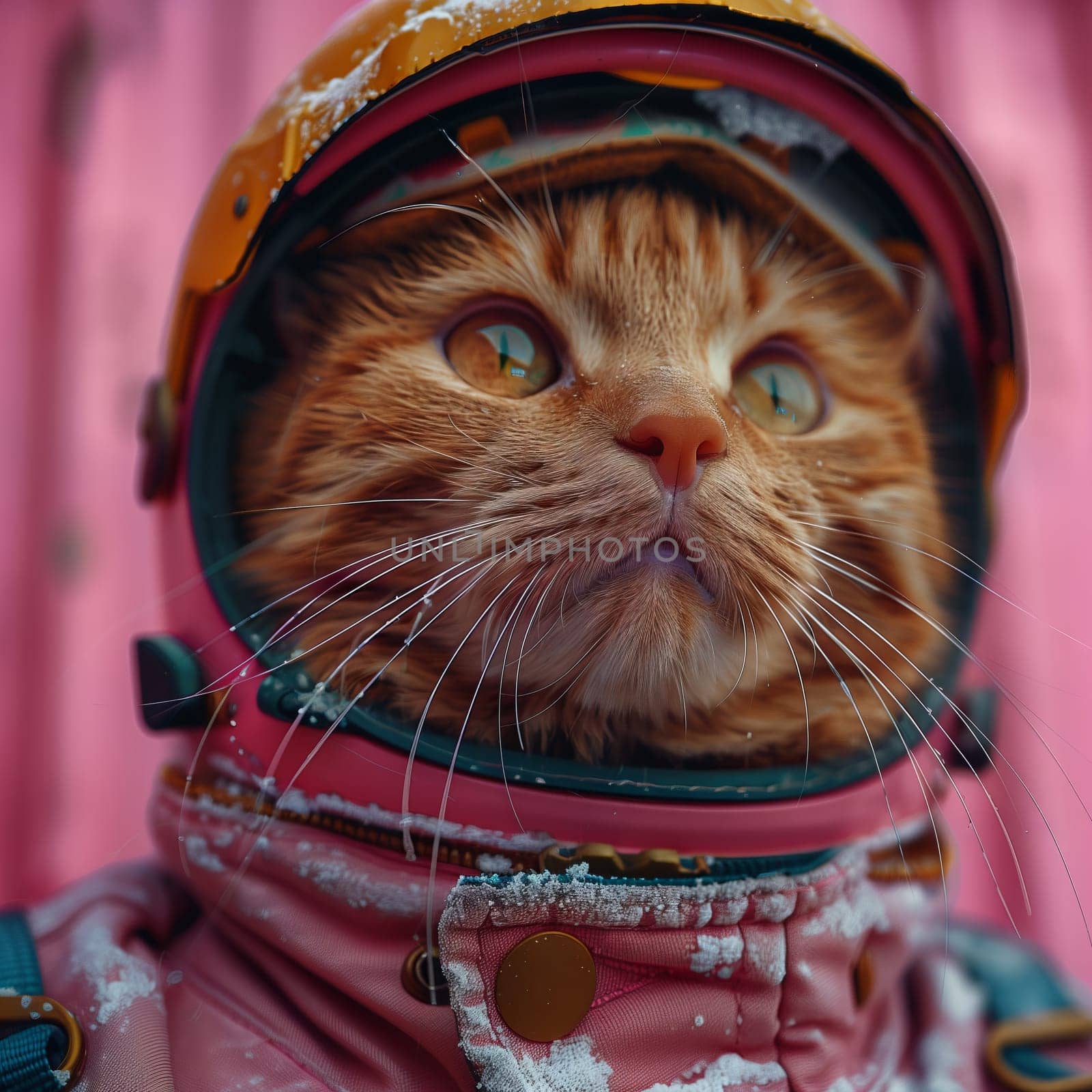 A closeup of a Carnivore Felidae cat in a space suit and helmet, showcasing its whiskers, snout, fur, and magenta sleeves. It looks ready for a selfie