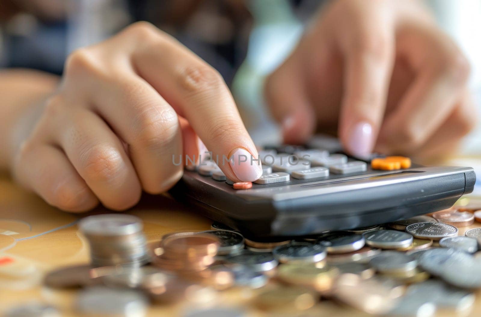 Close up of woman hands typing in a calculator with a bunch coins around on a table.