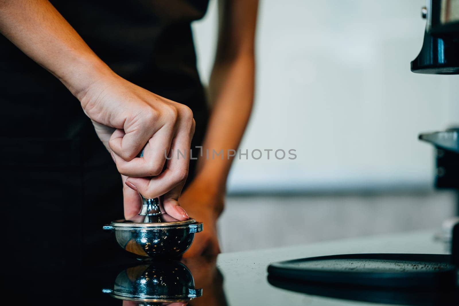 At restaurant or pub coffee machine brews fresh tasty coffee. Step by step guide for professional coffee making. Close up of machine hand holding handle pouring delicious espresso. by Sorapop