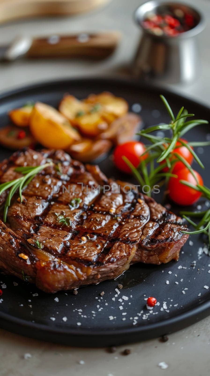 Gourmet steak delight: A beautifully cooked sirloin with rosemary on a rustic wooden board.