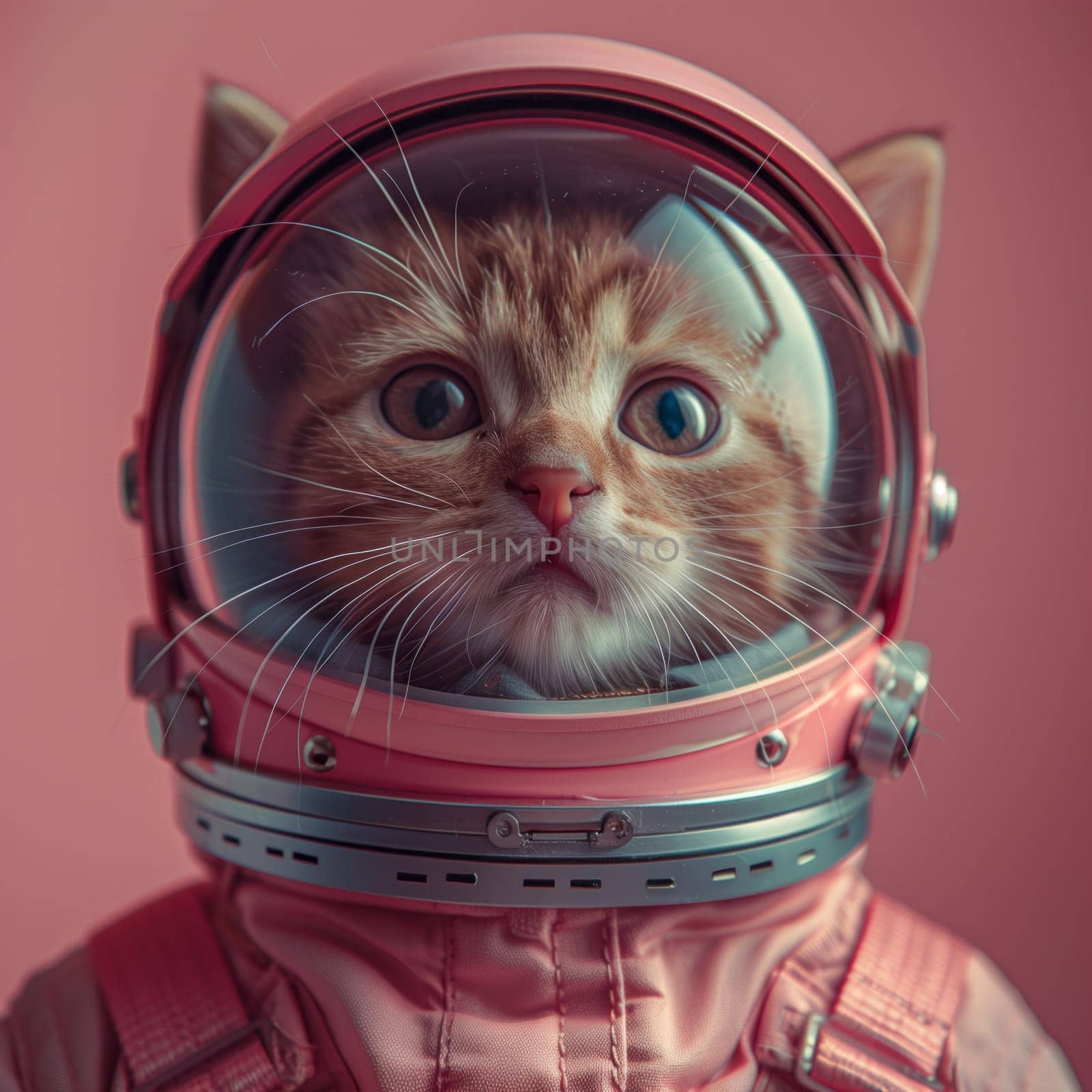 A Felidae wearing a pink space suit, helmet, with whiskers and a smile. Personal protective equipment as a fashion accessory for small to mediumsized cats