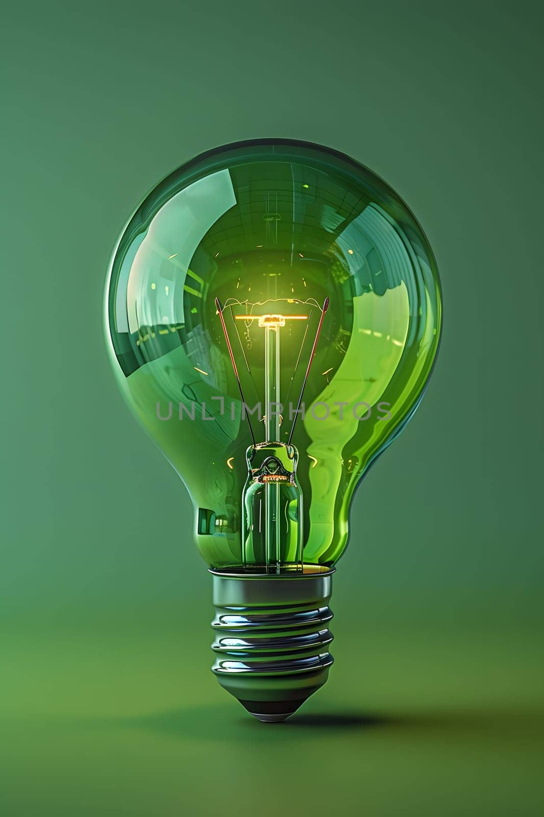 A green fluorescent lamp is placed on a green surface, emitting light powered by gas and electricity. The circleshaped light bulb illuminates the area