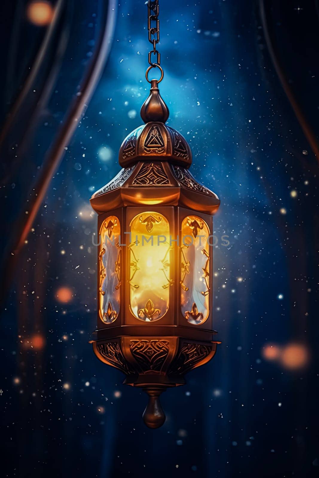 A lantern hanging from a chain with a blue background. Ramadan celebration concept