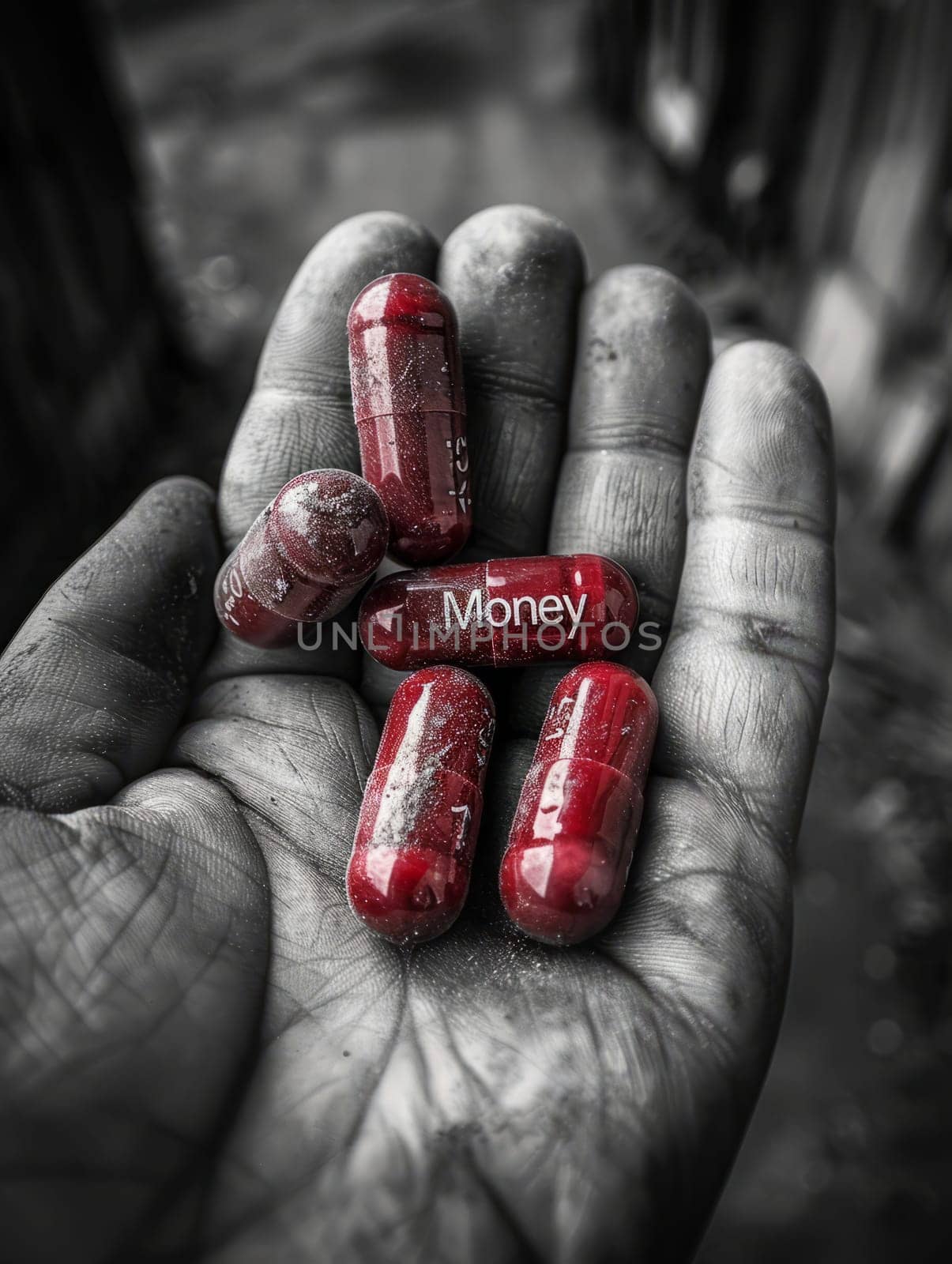 Hand of Elderly Man is holding red pills with the word Money. Savings, poverty, drugs, possibilities, treasure, insurance concept. Ai generated
