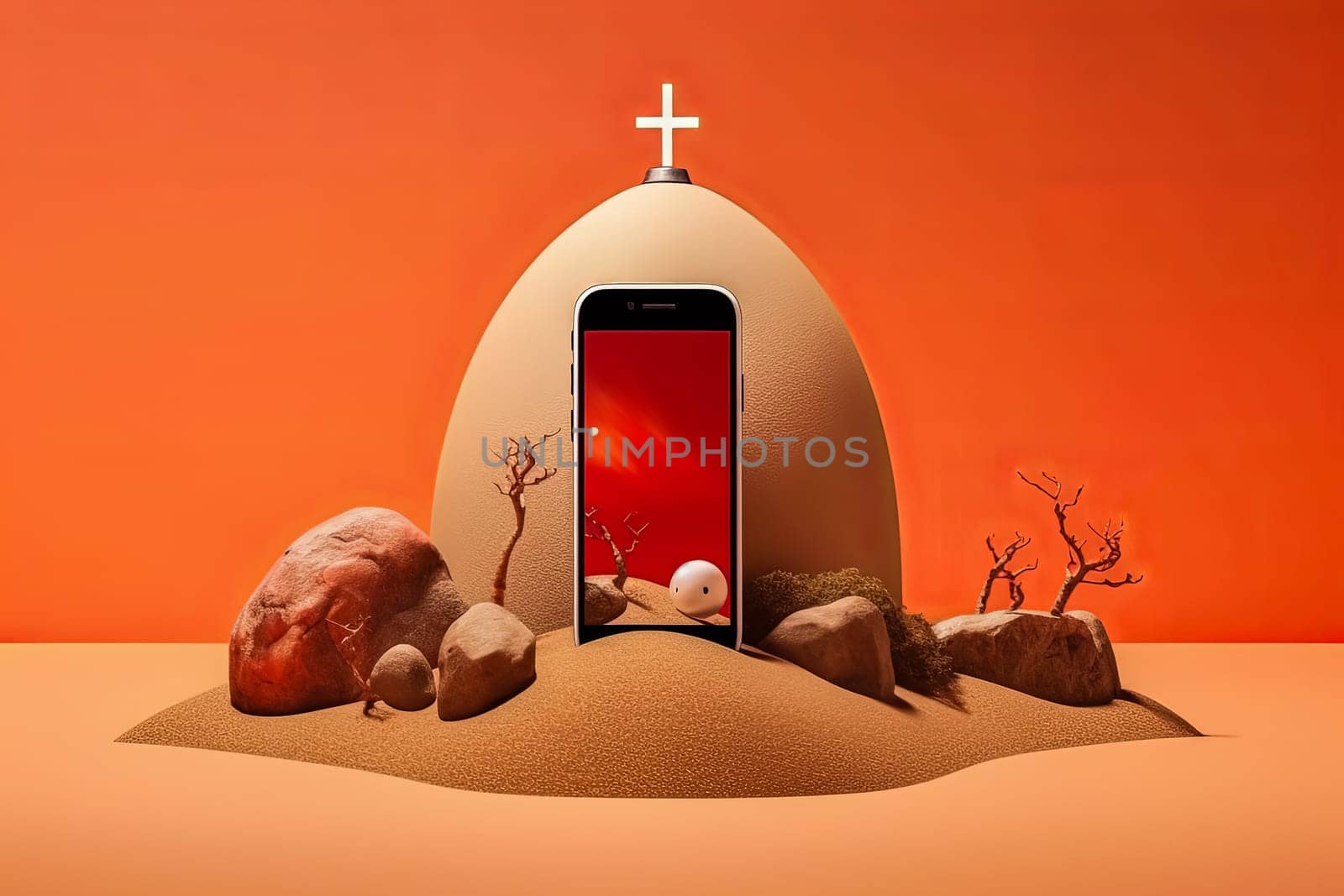 A cell phone is displayed in a desert setting with a cross on top of it by Alla_Morozova93