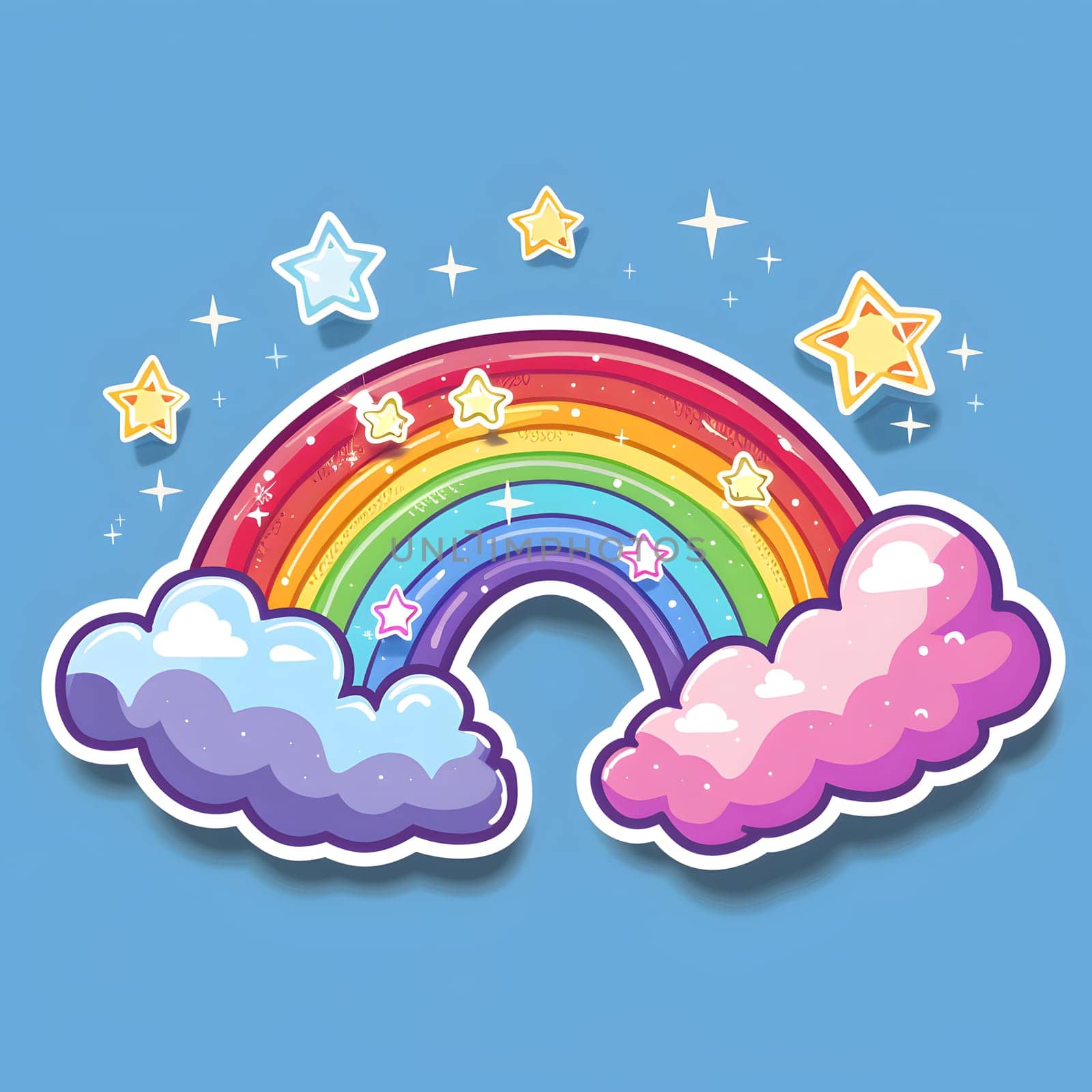 Rainbow surrounded by stars and clouds on azure sky background by Nadtochiy