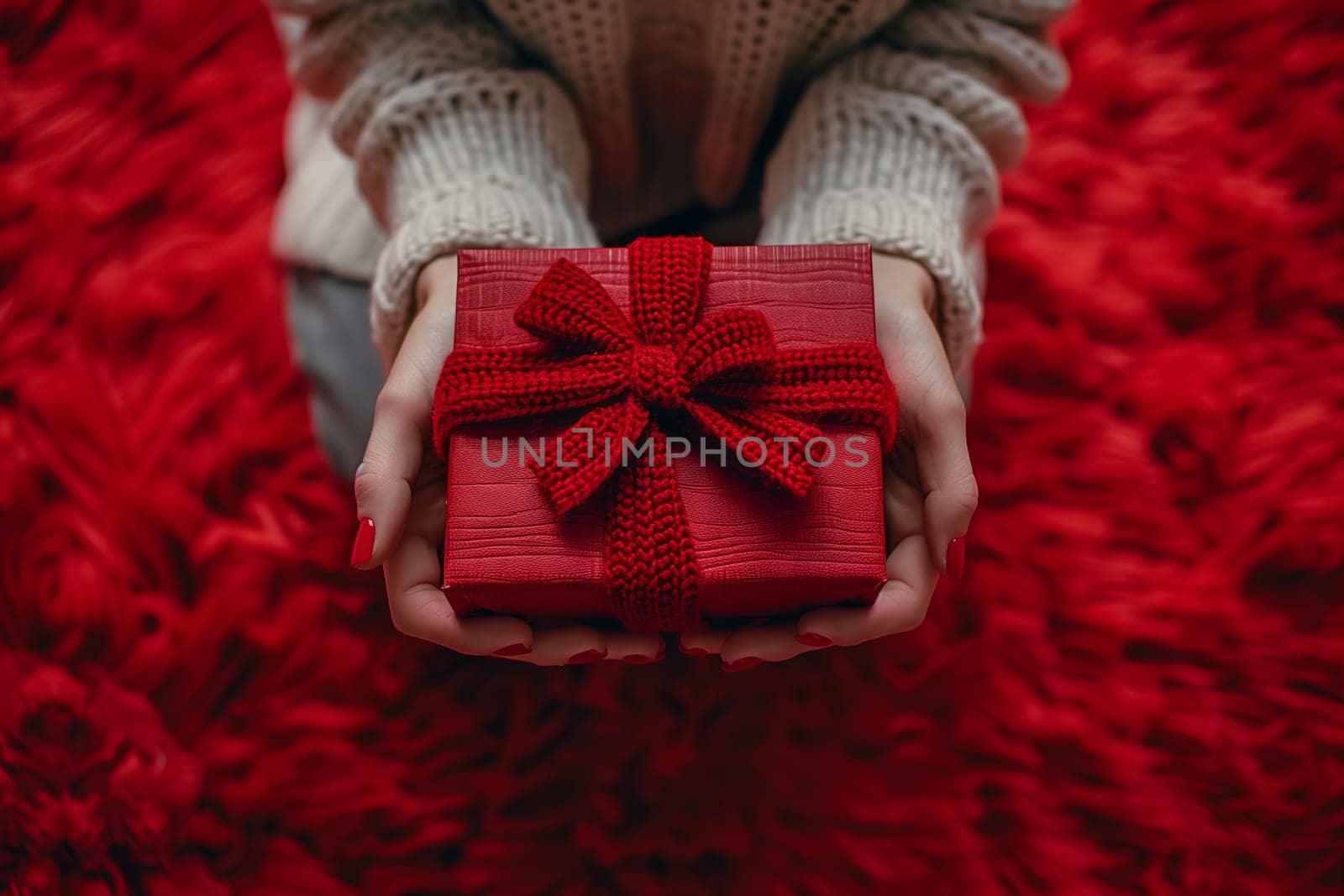 A person is holding a vibrant red gift box with a matching bow in their hand, showcasing a beautiful contrast against their electric blue nail polish