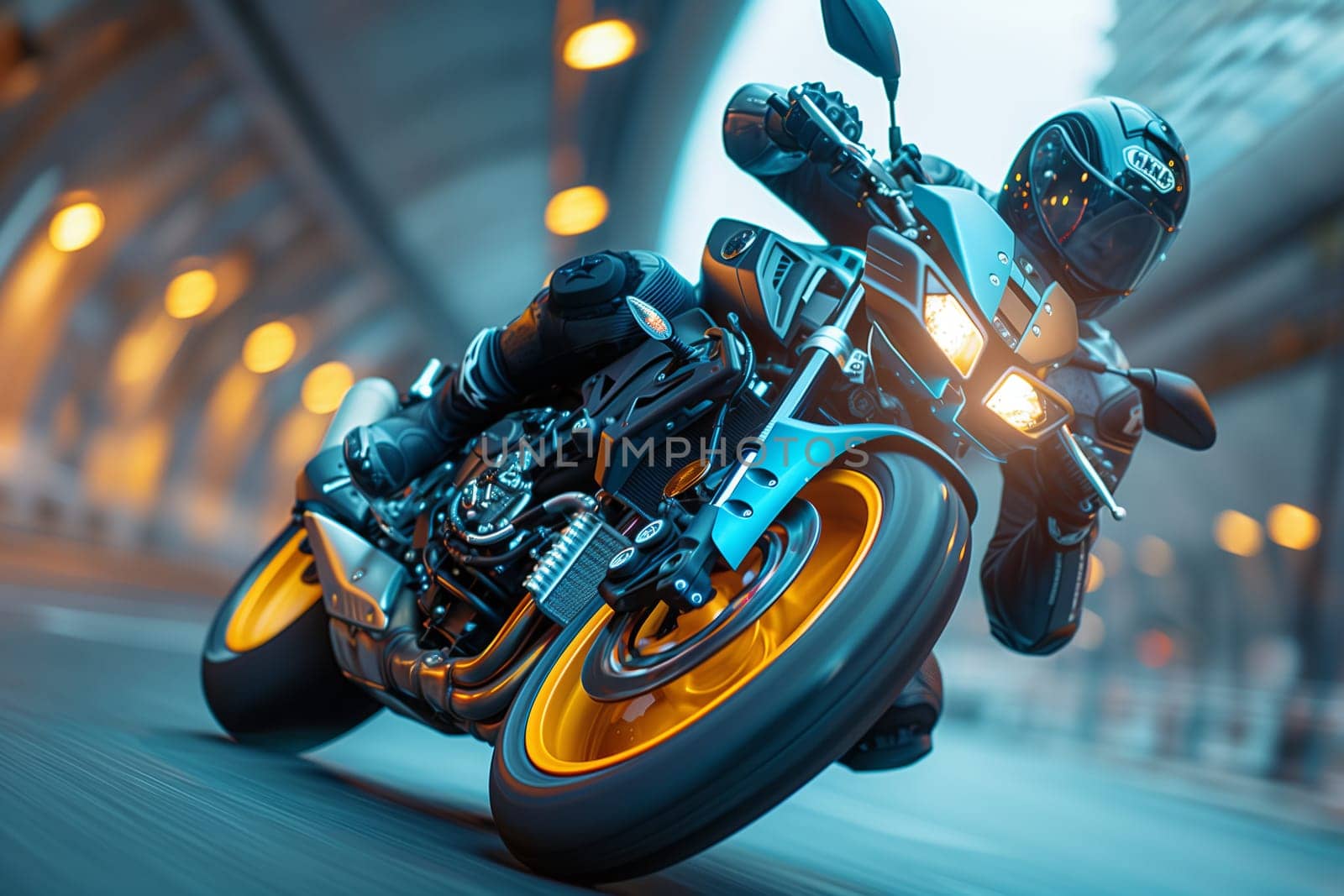 A man is riding a motorcycle through a tunnel, with the vehicles tire and wheel spinning fast. The automotive lighting enhances the motorcycles sleek design as it speeds through the tunnel