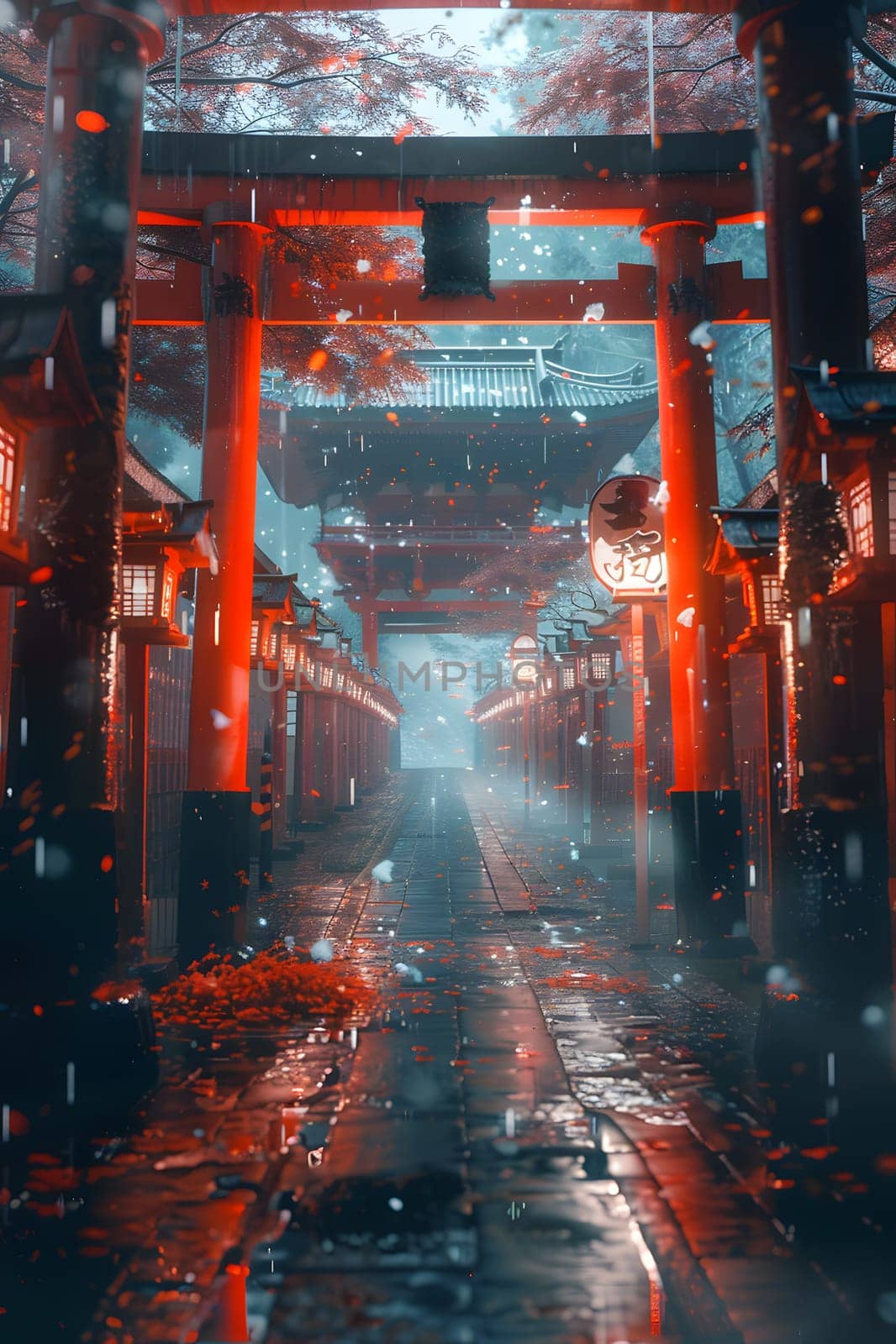 In the middle of a dark alleyway, a torii gate stands tall, illuminated by automotive lighting. The electric blue sky reflects off the gate, creating a symmetrical and eerie scene in the city