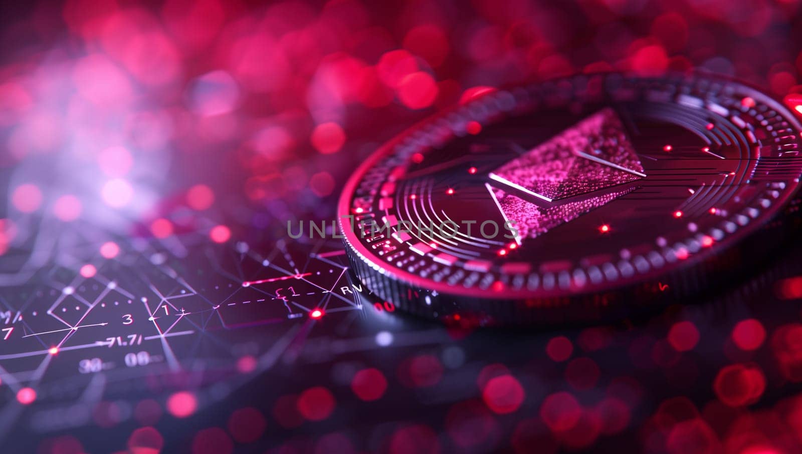 A close up of a circleshaped coin glimmering on a vibrant red background, surrounded by liquid shades of violet, pink, and electric blue