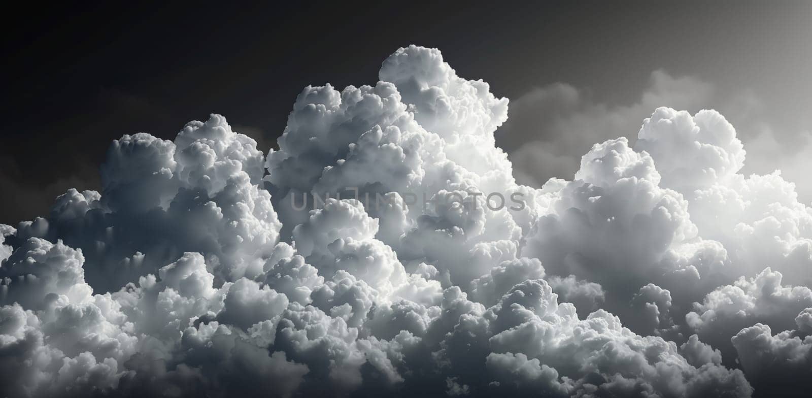 A cumulus cloud stands out against the dark sky, creating a dramatic meteorological phenomenon in the monochrome landscape. An intriguing event in the natural landscape