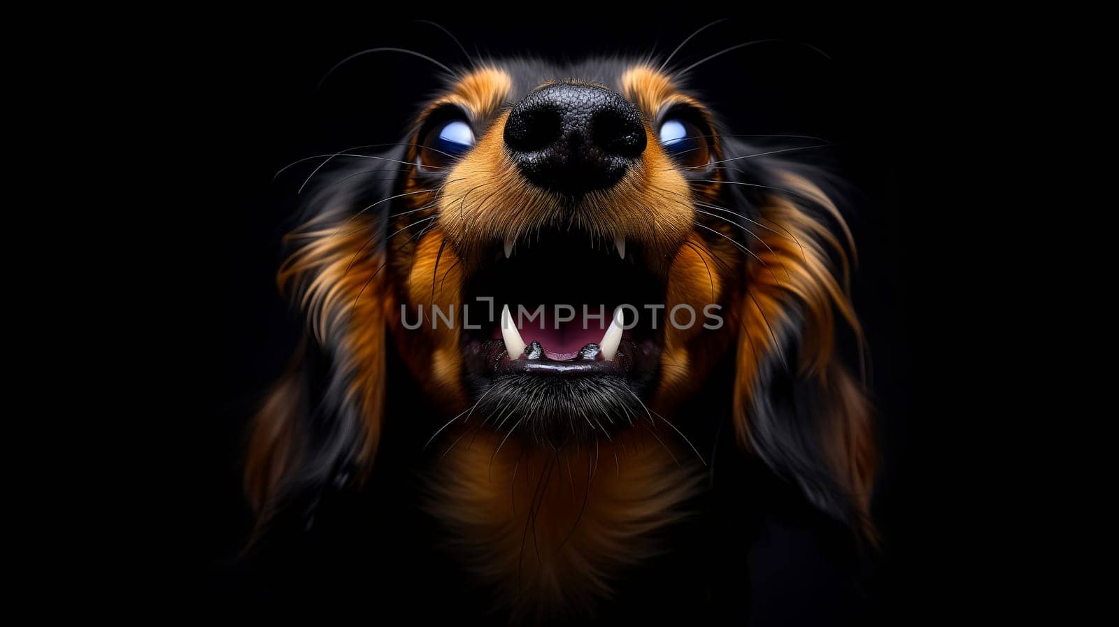 A close-up image of a Cavalier King Charles Spaniel dog with a vivid expression, showcasing its glowing eyes and open mouth, set against a dark, black backdrop.