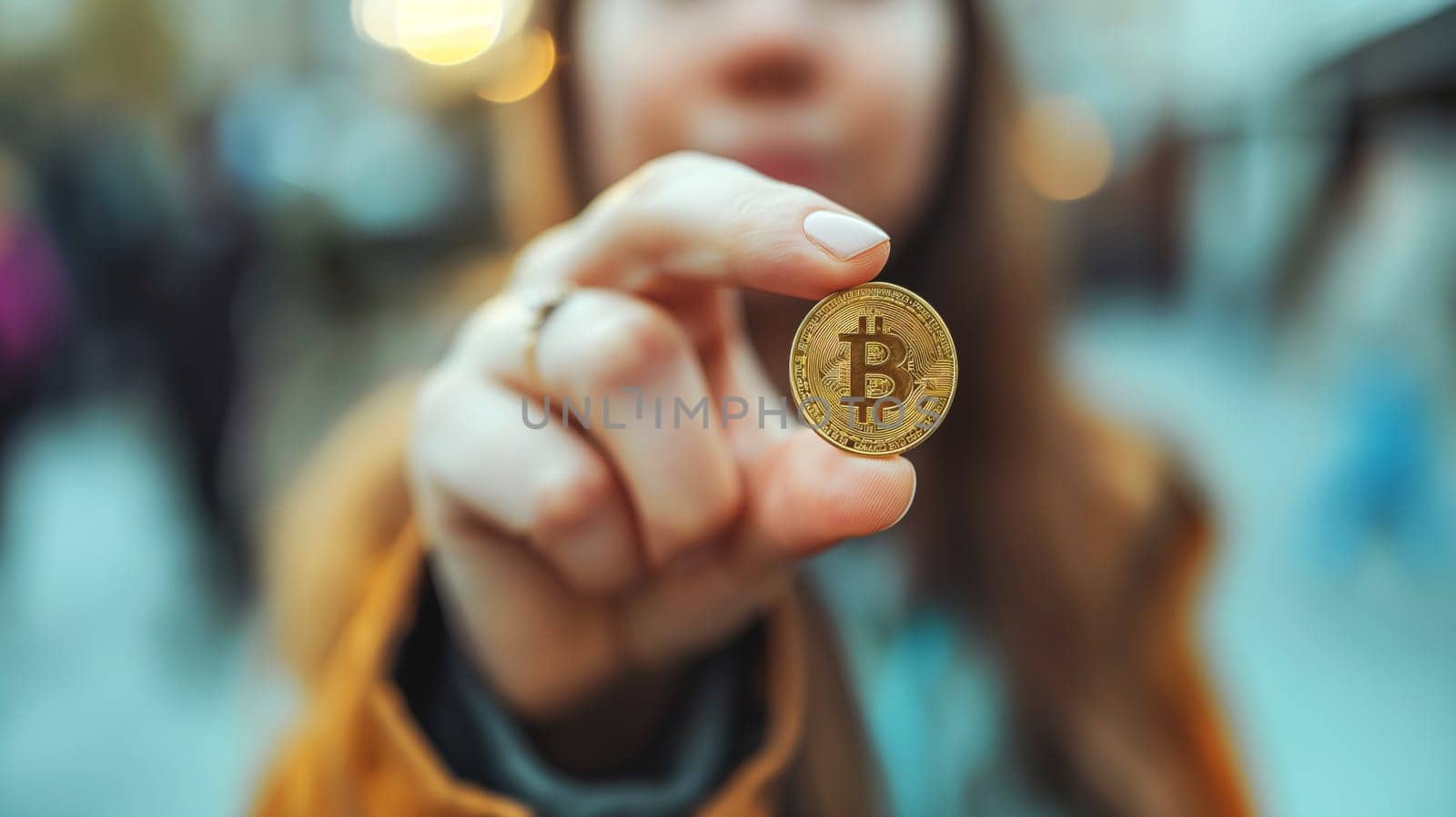 A close-up view of a Bitcoin coin held securely between a womans fingers, with her features softly blurred in the background - Generative AI