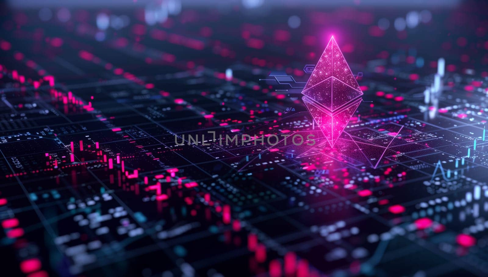 A pink pyramid is placed on a computer motherboard, surrounded by violet grass and magenta plants, with electric blue font highlighting the event
