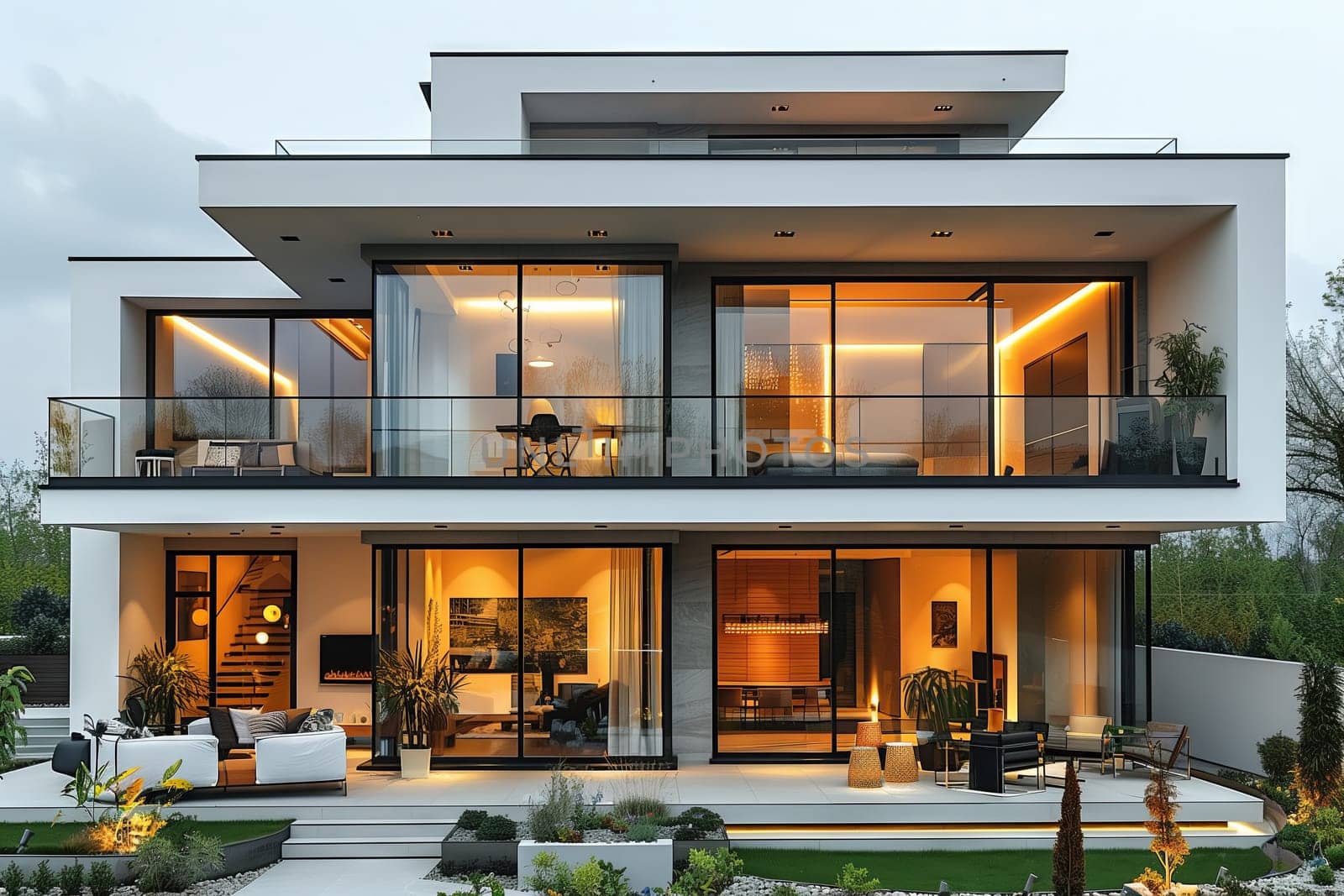 Modern house with many windows, balcony, and plant fixtures by richwolf