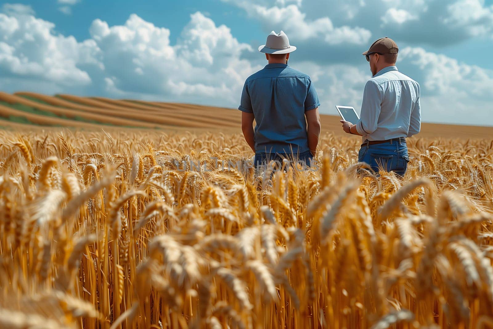 Two men wearing hats stand in a Khorasan wheat field, admiring the natural landscape on a tablet. The sky is filled with clouds in this ecoregion, showcasing the beauty of agriculture and grassland