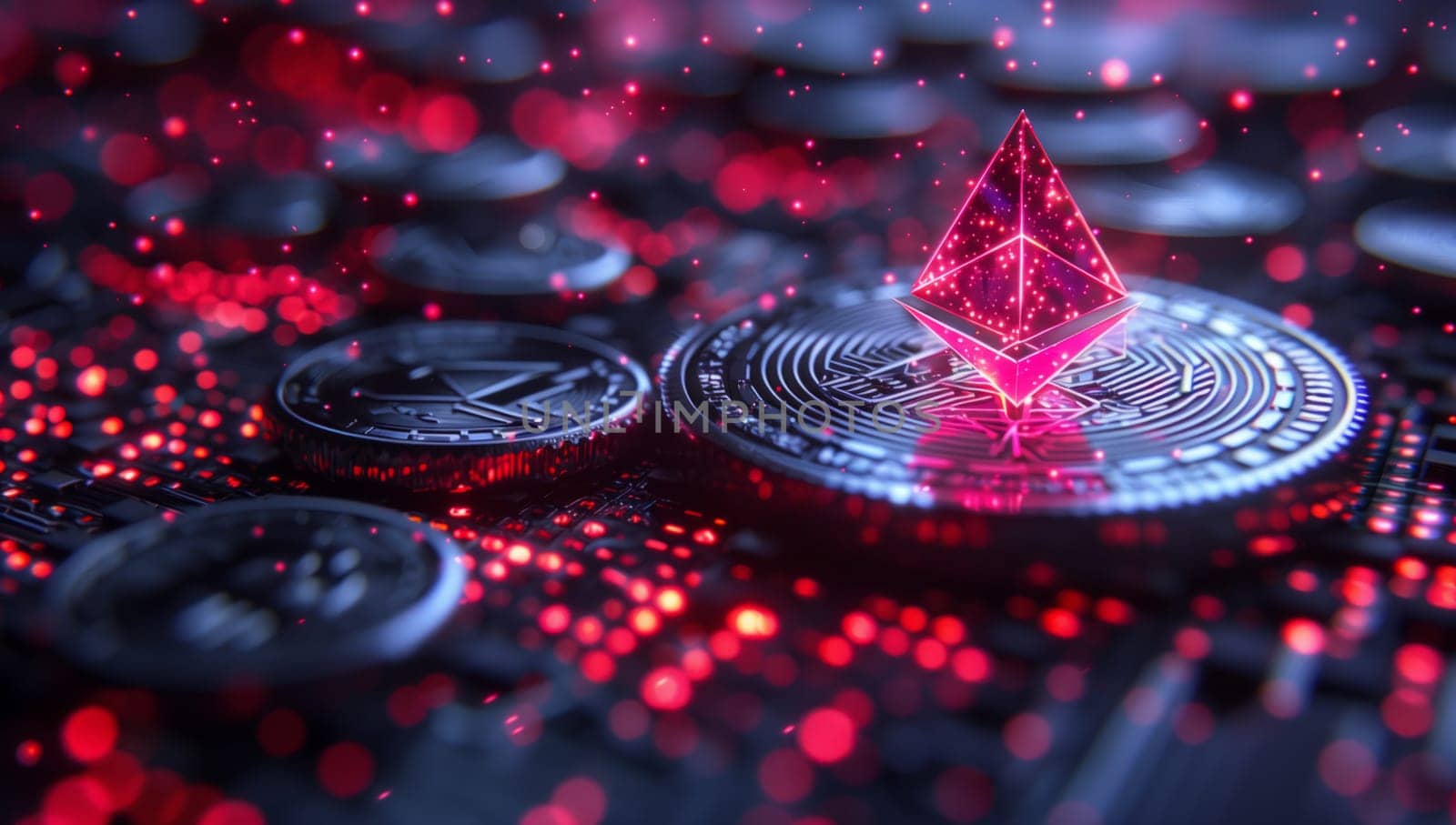 A collection of coins with a red emerald placed on top, resembling a vibrant magenta liquid flowing over a surface. The mix of metallic and gem colors creates a striking artistic event