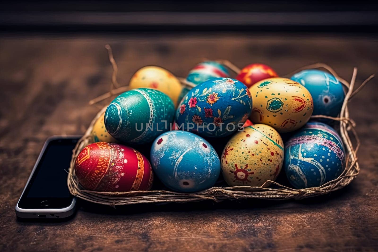 A basket full of colorful Easter eggs sits on a table next to a cell phone by Alla_Morozova93