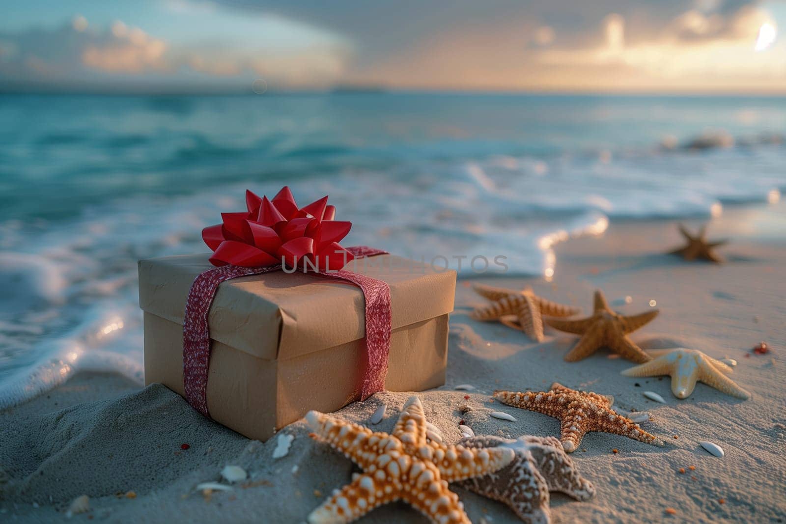 A gift box with a red bow sits on the sandy beach next to a starfish, with the tranquil water and clear blue sky creating a picturesque coastal landscape for leisurely travel