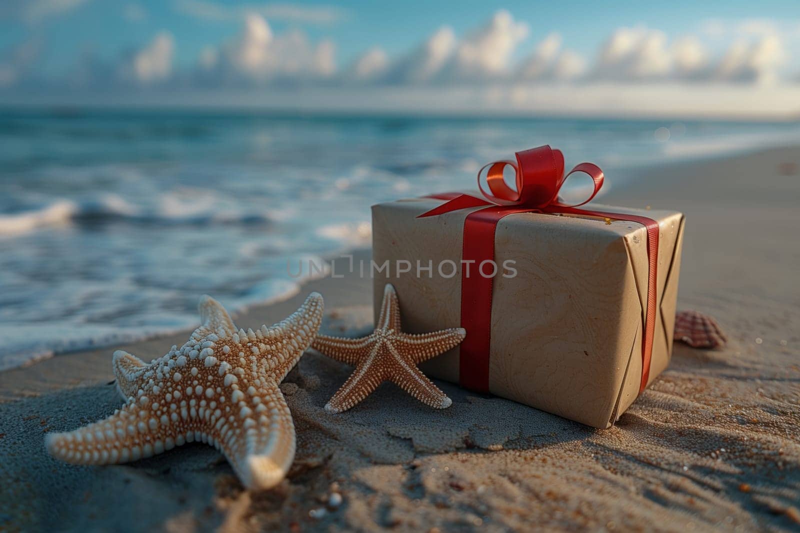 Artistic gift box with a red ribbon and starfish on the sandy beach by richwolf