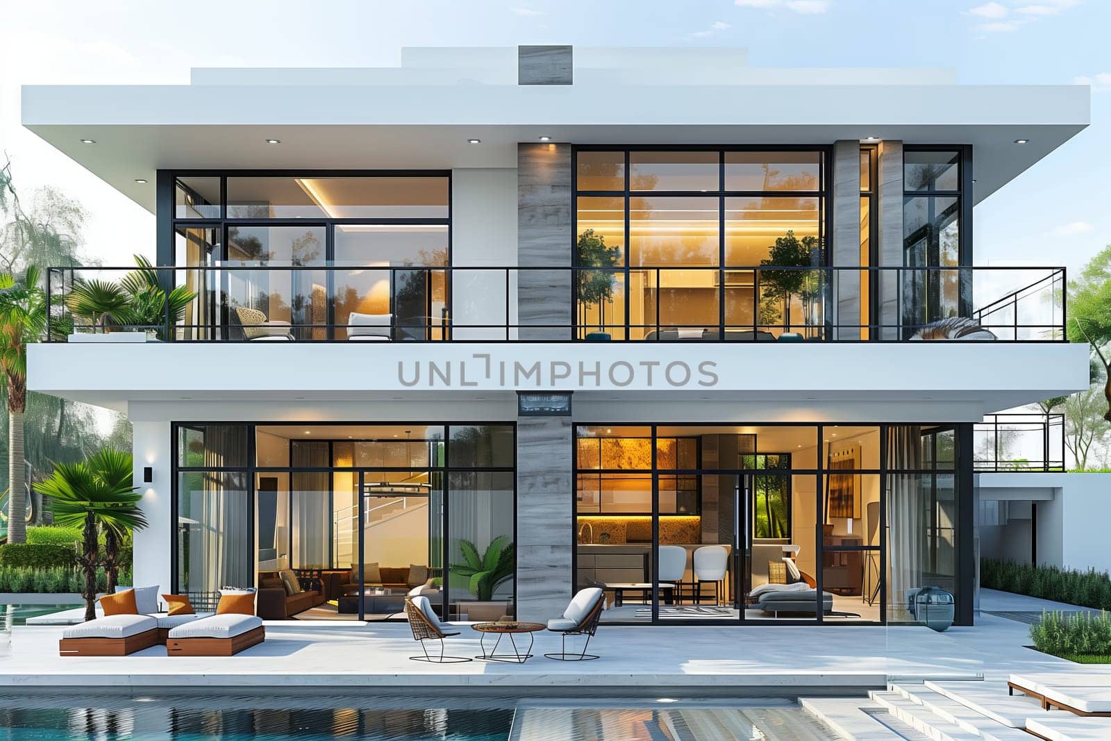 A contemporary building with a pool in front, featuring large windows, sleek design, and lush plants. This modern real estate boasts a stylish facade and highquality building materials