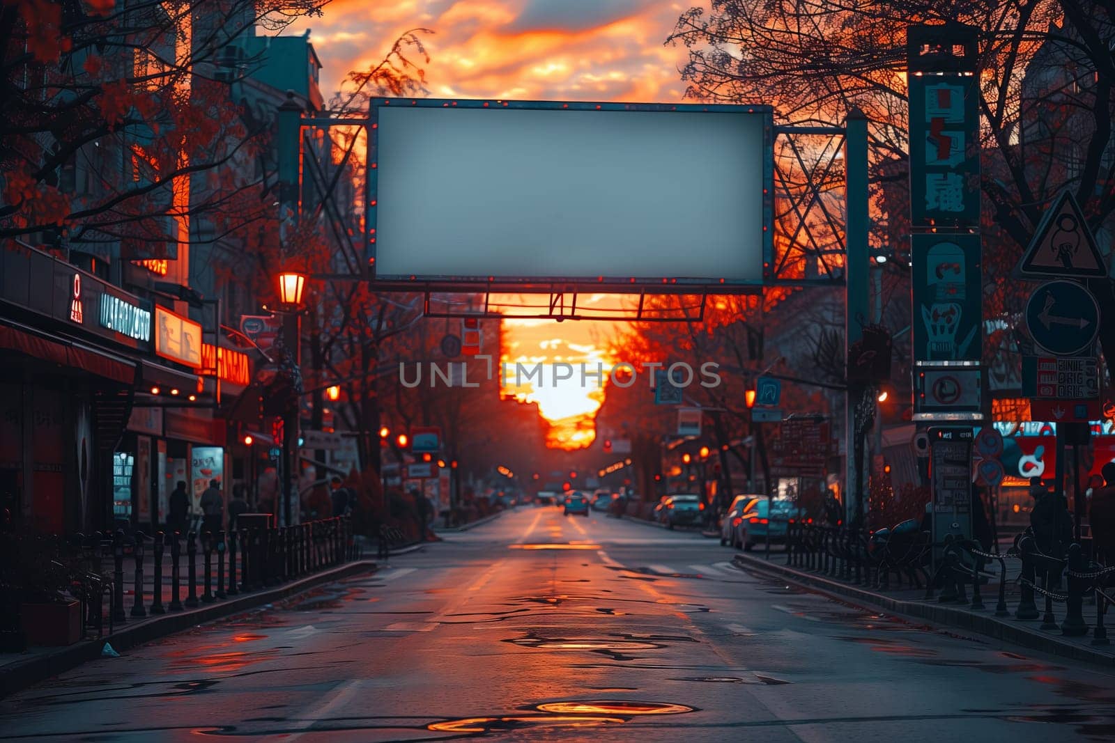 Electric blue sunset over empty city street with billboard in foreground by richwolf