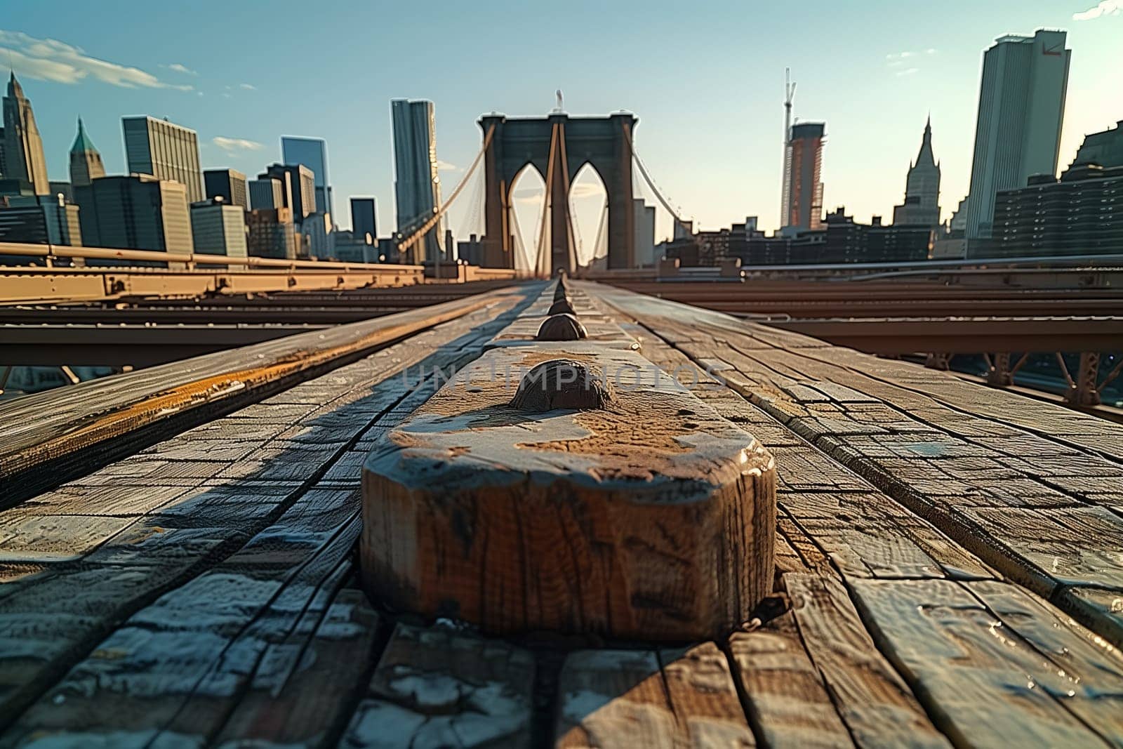 Wooden bridge over railway track with city skyline in the background by richwolf