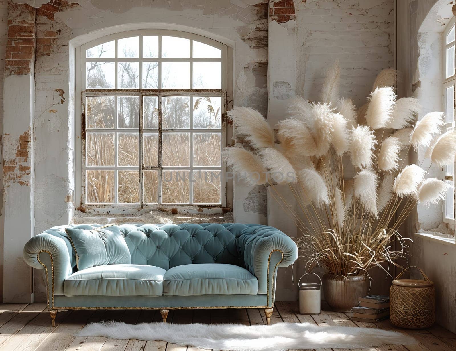 A living room featuring a blue couch, pampas grass in a flowerpot, and a window with a view. The interior design includes wood floors and cozy furniture