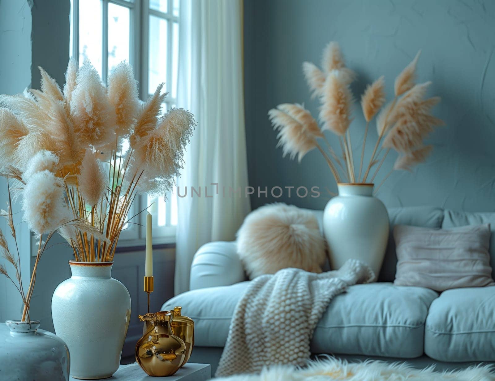 An interior design of a living room in a building featuring a couch, vases, pampas grass, and a window with azure textile. Perfect for a photograph backdrop
