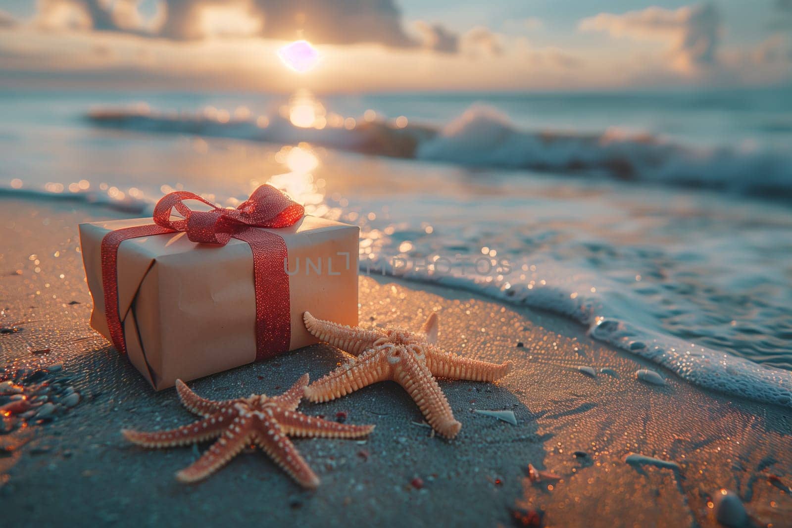 A gift box and starfish rest on the sandy beach near the vast ocean under the clear blue sky. The natural landscape is a mix of art and leisure, offering a serene view for travelers
