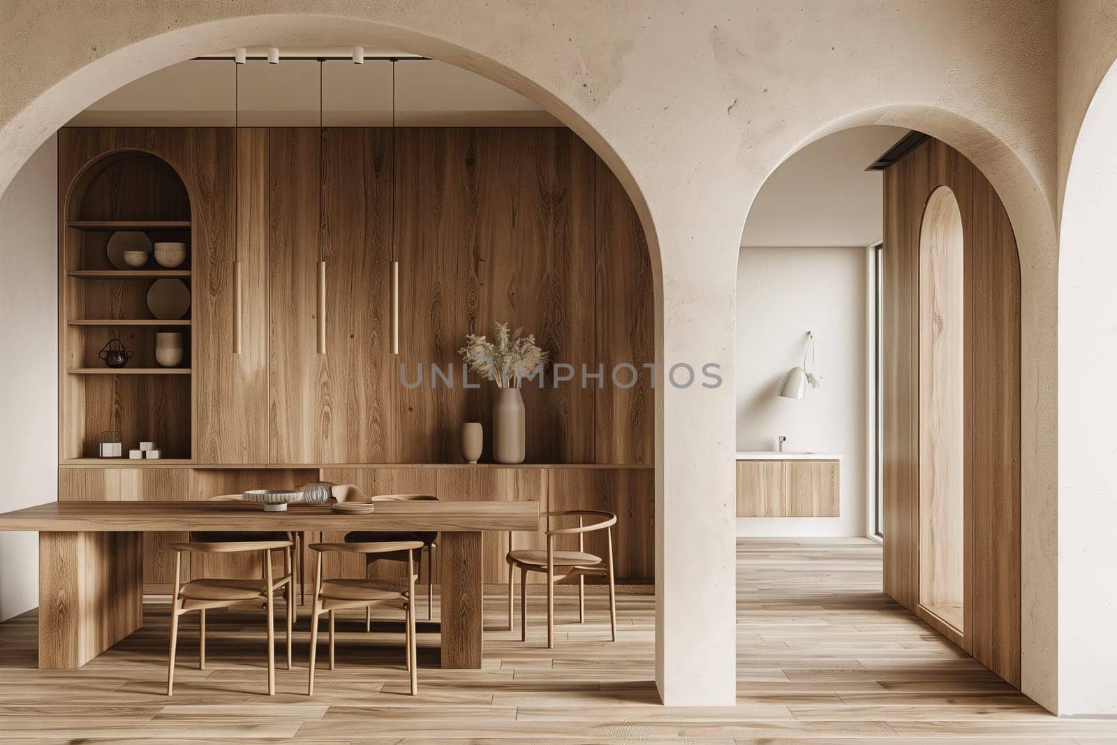 A dining room with a hardwood table and chairs, set against a backdrop of arches and a wooden facade. The flooring is wood stain for a warm shade