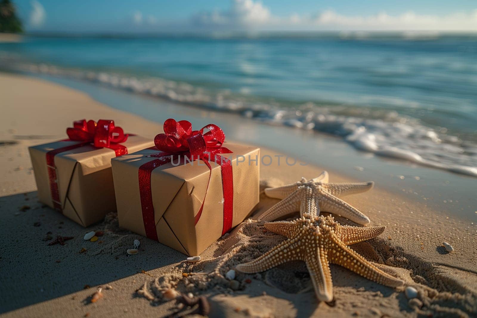Gifts and starfish on beach under clear sky and gentle breeze by richwolf